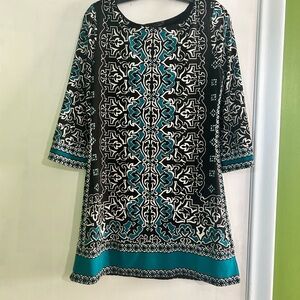 White House Black Market Black and Teal Patterned Tunic Dress